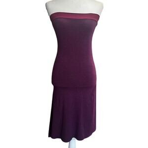 Poema Strapless Asymmetric Midi Dress Plum Fitted Knit Sculptural Flounced Back